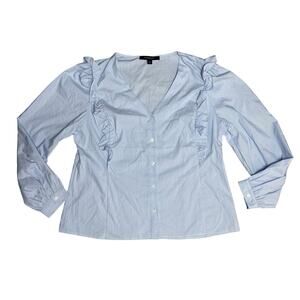 Marc New York‎ Lightweight Blue & White Ruffled V-Neck Blouse Size Large